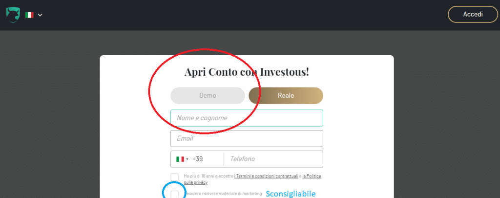 Aprire la demo di investous facile e veloce