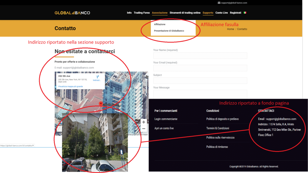 indirizzi falsi per global banco