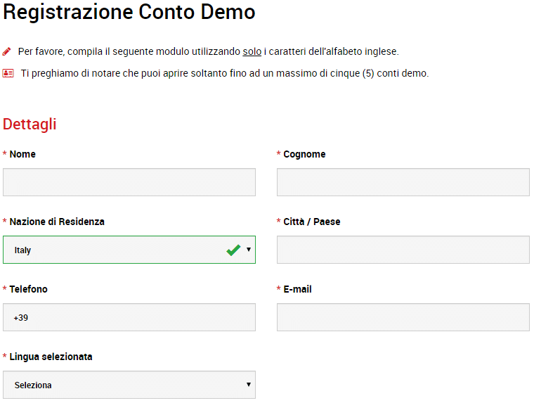 dati da inserire per aprire la demo xm.com