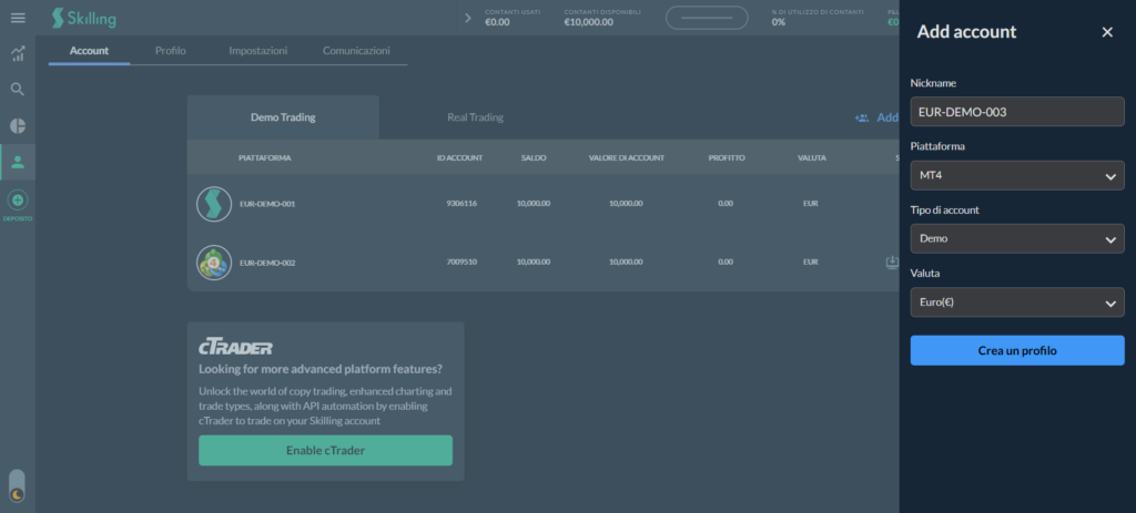 come aprire un sotto-conto su Skilling con MetaTrader come piattaforma